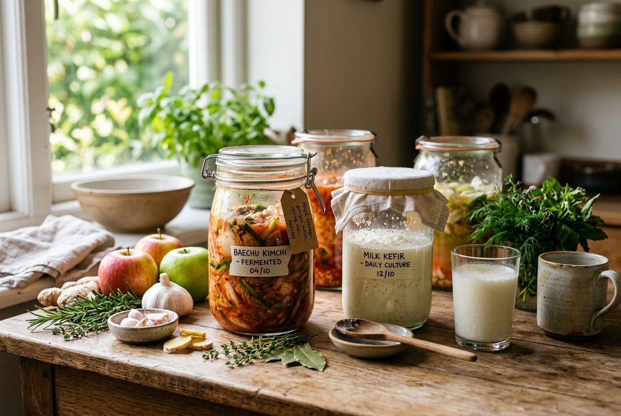 Artisanal glass jars of kimchi and milk kefir on a sunlit rustic wooden kitchen counter with herbs, ginger, and apples.