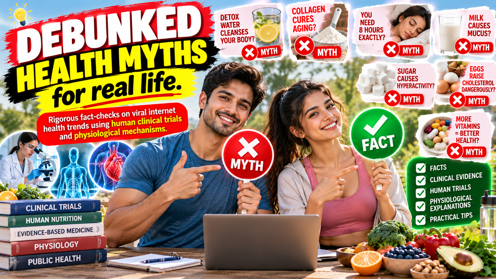 A couple fact-checking health claims beside clinical research, with visual examples of common wellness myths.