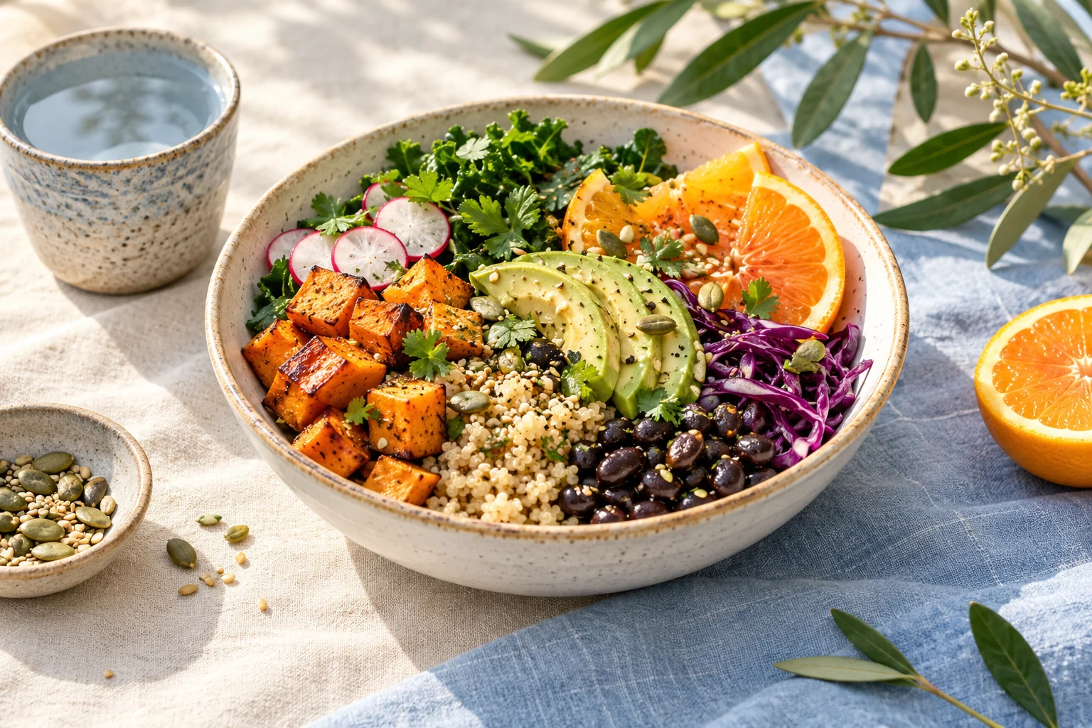 A colorful bowl of vegetables, grains, beans, citrus, and avocado on a sunlit table.