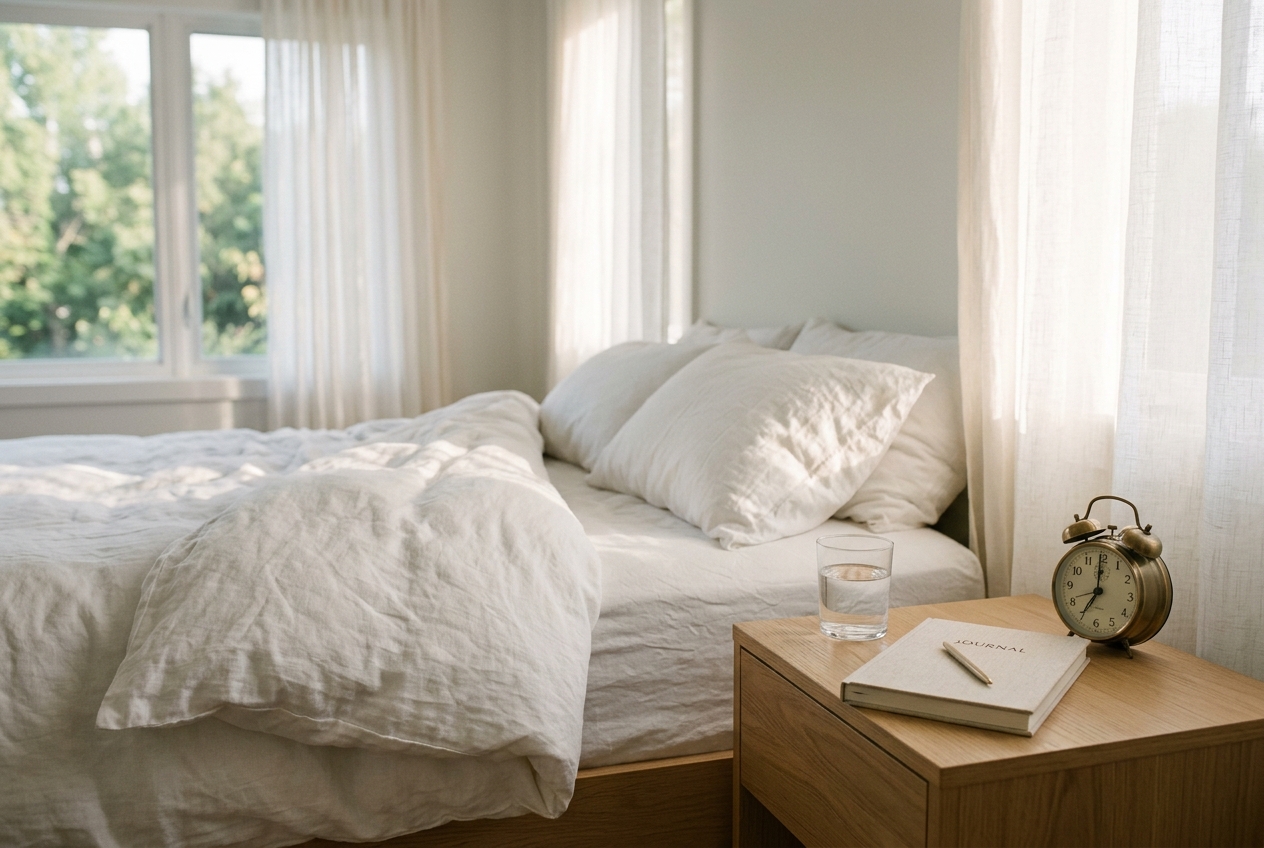 A peaceful, minimalist bedroom with soft linen bedding, morning sunlight, a water glass, and an analog clock on the nightstand.