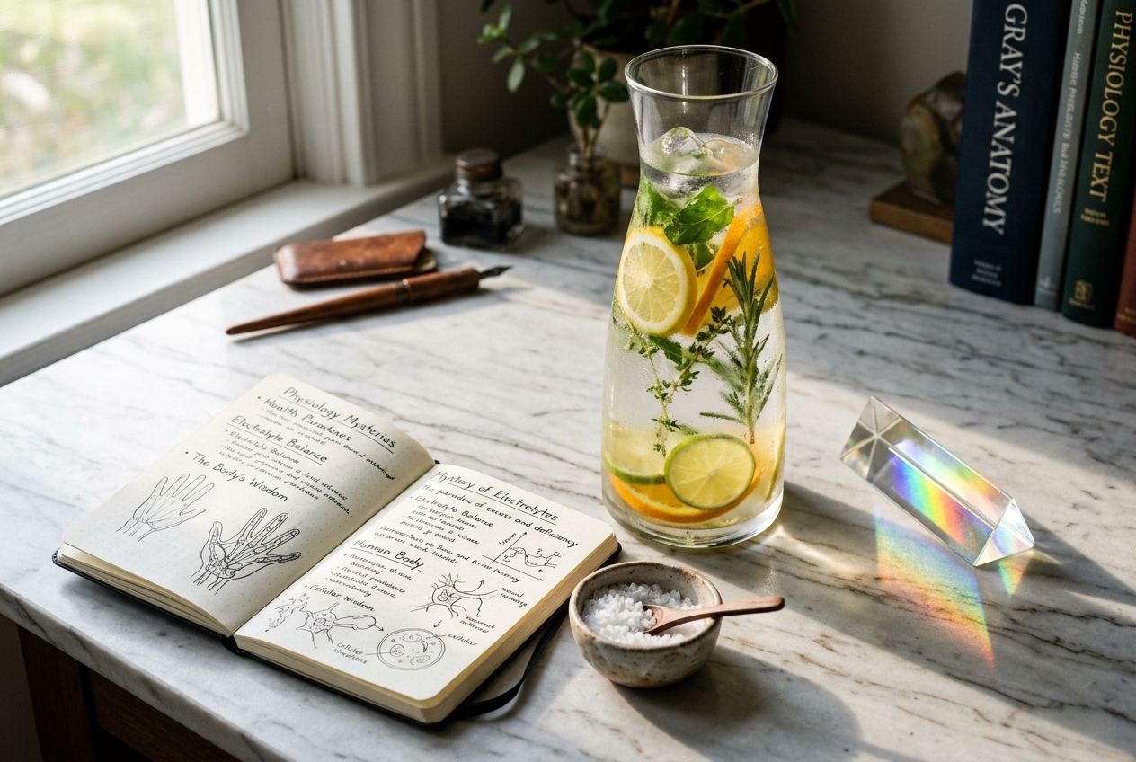 A tall glass carafe of infused mineral water with an open physiology notebook, sea salt, and a prism casting rainbows in morning sunlight.