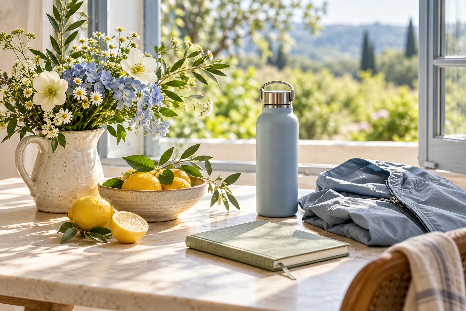 Seasonal flowers, citrus, a water bottle, and a light jacket ready for a walk.